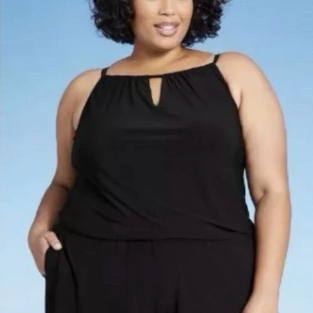 Size 22 Aqua Green One Piece Plus Size Romper Swimsuit with Pockets via